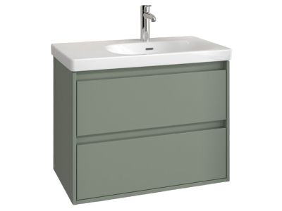 Set mobilier Villeroy & Boch Skyla cu lavoar asimetric 80x46cm, orientare dreapta, TitanCeram, alb si dulap cu 2 sertare, pentru lavoar asimetric, 772x596mm, Soft Green