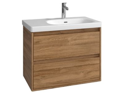 Set mobilier Villeroy & Boch Skyla cu lavoar asimetric 80x46cm, orientare dreapta, TitanCeram, alb si dulap cu 2 sertare, pentru lavoar asimetric, 772x596mm, Oak Kansas