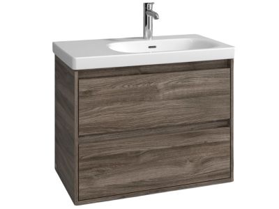 Set mobilier Villeroy & Boch Skyla cu lavoar asimetric 80x46cm, orientare dreapta, TitanCeram, alb si dulap cu 2 sertare, pentru lavoar asimetric, 772x596mm, Stone Oak