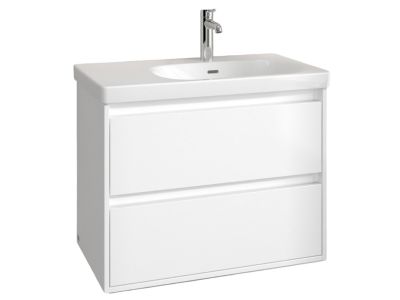 Set mobilier Villeroy & Boch Skyla cu lavoar asimetric 80x46cm, orientare dreapta, TitanCeram, alb si dulap cu 2 sertare, pentru lavoar asimetric, 772x596mm, Brilliant White