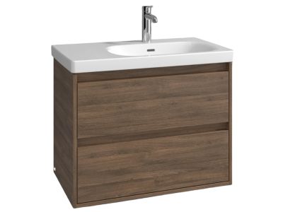 Set mobilier Villeroy & Boch Skyla cu lavoar asimetric 80x46cm, orientare dreapta, TitanCeram, alb si dulap cu 2 sertare, pentru lavoar asimetric, 772x596mm, Arizona Oak