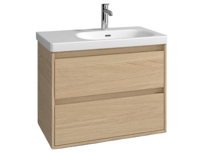 Set mobilier Villeroy & Boch Skyla cu lavoar asimetric 80x46cm, orientare dreapta, TitanCeram, alb si dulap cu 2 sertare, pentru lavoar asimetric, 772x596mm, Nordik Oak