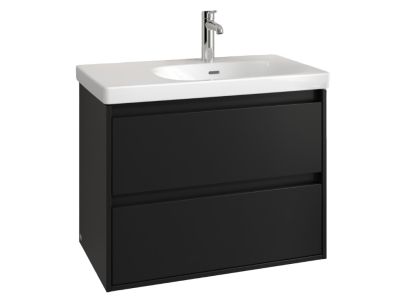 Set mobilier Villeroy & Boch Skyla cu lavoar asimetric 80x46cm, orientare dreapta, TitanCeram, alb si dulap cu 2 sertare, pentru lavoar asimetric, 772x596mm, Volcano Black