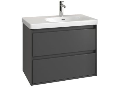 Set mobilier Villeroy & Boch Skyla cu lavoar asimetric 80x46cm, orientare dreapta, TitanCeram, alb si dulap cu 2 sertare, pentru lavoar asimetric, 772x596mm, Graphite