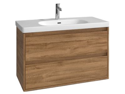 Set mobilier Villeroy & Boch Skyla cu lavoar 100x46cm, TitanCeram, alb si dulap cu 2 sertare, 972x596mm, Oak Kansas