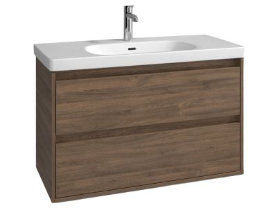 Set mobilier Villeroy & Boch Skyla cu lavoar 100x46cm, TitanCeram, alb si dulap cu 2 sertare, 972x596mm, Arizona Oak
