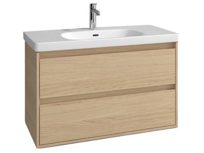 Set mobilier Villeroy & Boch Skyla cu lavoar 100x46cm, TitanCeram, alb si dulap cu 2 sertare, 972x596mm, Nordik Oak