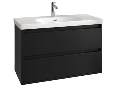 Set mobilier Villeroy & Boch Skyla cu lavoar 100x46cm, TitanCeram, alb si dulap cu 2 sertare, 972x596mm, Volcano Black
