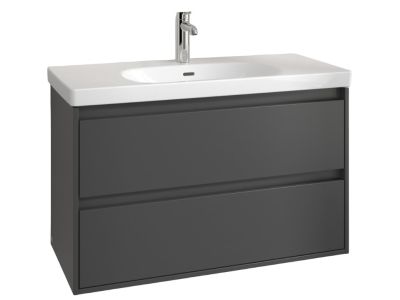 Set mobilier Villeroy & Boch Skyla cu lavoar 100x46cm, TitanCeram, alb si dulap cu 2 sertare, 972x596mm, Graphite