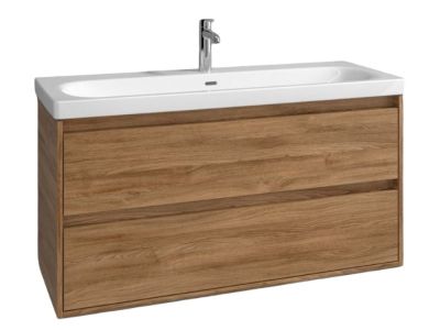 Set mobilier Villeroy & Boch Skyla cu lavoar 120x46cm, TitanCeram, alb si dulap cu 2 sertare, 1172x596mm, Oak Kansas