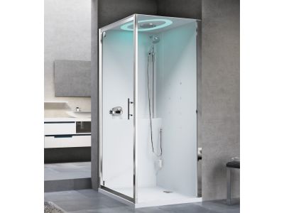 Cabina de dus patrata cu hidromasaj Novellini Eon GF Hammam 90x90cm, cromoterapie si telecomanda, cadita joasa 4.5cm, interior alb lucios, finisaj Crom