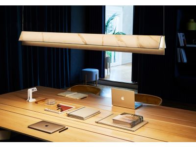 Suspensie Contardi Fly l.1200, design Massimiliano Raggi, LED 1x23W, 1x17W, h 200cm, auriu satinat - nichel, alb Calacatta