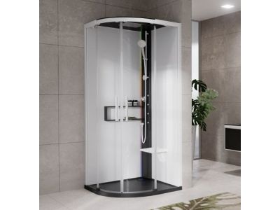 Cabina de dus semirotunda cu hidromasaj Novellini Glax 2 2.0 R HydroPlus 100x100cm, cadita joasa 4.5cm, finisaj Black
