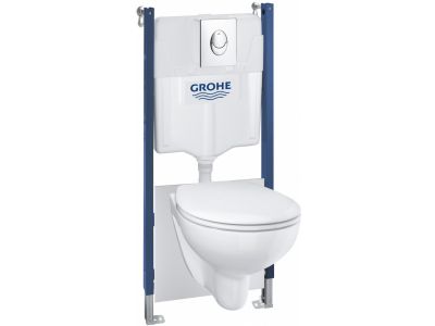 Set complet Grohe Solido Compact 4in1  cu vas wc suspendat Bau Ceramic cu capac inchidere lenta, rezervor incastrat cu cadru si clapeta Start crom