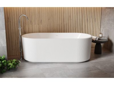 Cada freestanding Besco Giuliana 170x80cm, exterior canelat, sifon click-clack cu ornamente albe, alb lucios
