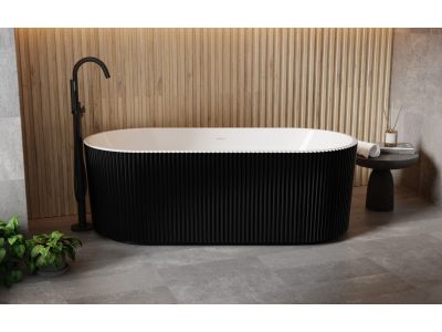 Cada freestanding Besco Giuliana Black&White 150x75cm, exterior canelat, sifon click-clack cu ornamente albe, negru-alb