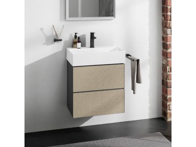 Set mobilier Hansgrohe Xevolos E cu lavoar 60x48cm, SmartClean, alb si dulap cu 2 sertare, 58cm, corp gri mat, front ceramic bronz texturat