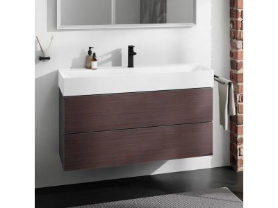 Set mobilier Hansgrohe Xevolos E cu lavoar 120x48cm, SmartClean, alb si dulap cu 2 sertare, 118cm, corp gri mat, front stejar inchis