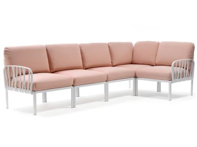 Canapea modulara exterior Nardi Komodo 5, 294x154cm, cadru alb, perne roz quarzo