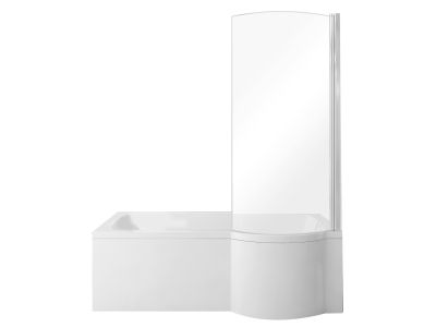 Cada baie asimetrica Besco Inspiro 160x70cm cu paravan sticla 1 element, orientare dreapta, masca inclusa, alb