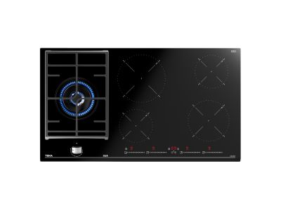 Plita mixta incorporabila Teka JZC 95314 ABN BK cu 1 arzator gaz coroana dubla si 4 zone inductie, 90cm, Black glass