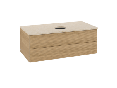 Dulap baza suspendat Villeroy & Boch Antao cu 2 sertare, 100x50cm, blat marmura Botticino, front texturat Honey Oak