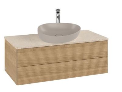 Set mobilier Villeroy & Boch Antao cu lavoar bol 51x40cm Almond si dulap  2 sertare  100x50cm, front texturat Honey Oak, blat marmura Botticino