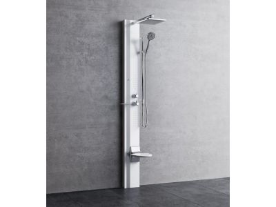 Panel dus cu hidromasaj Novellini Line 1 cu baterie termostatata, scaun si iluminare, aluminiu alb mat si detalii gri