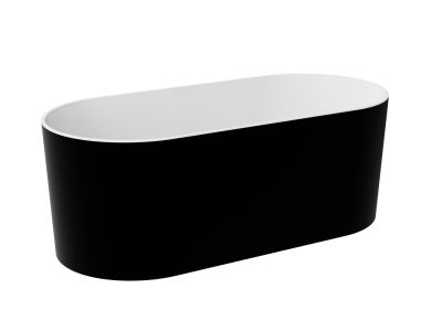Cada ovala freestanding Besco Lova Black & White Matt 160x74cm, mineral DuraBe, ventil click-clack cu top cleaning crom, negru mat, interior alb lucios