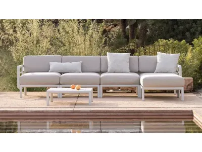 Set mobilier exterior Nardi Maximo cu canapea de colt cu 4 locuri, cadru alb Gesso, masuta si perne alb Perla Sunbrella