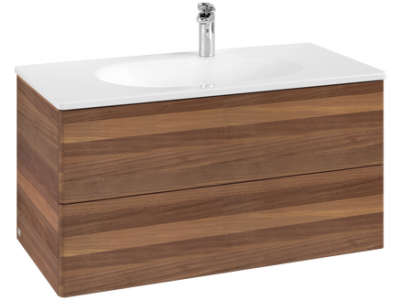 Set mobilier Villeroy & Boch Antao cu lavoar Ceramic Plus 100x50cm, alb si dulap cu 2 sertare, 98.8x50.4cm, Warm Walnut
