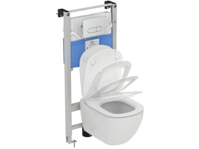 Set complet vas wc Ideal Standard Tesi AquaBlade cu capac inchidere lenta si rezervor incastrat cu cadru Prosys 120P si clapeta Oleas P1 crom