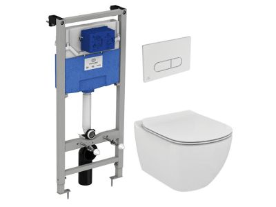 Set vas WC suspendat Ideal Standard Tesi Aquablade, capac inchidere lenta si rezervor incastrat ProSys cu clapeta Oleas M1 crom