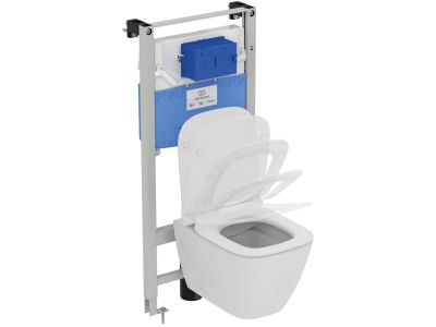 Set vas wc Ideal Standard i.life S Compact Rimless+ cu functie de bideu, capac Slim inchidere lenta si rezervor incastrat cu cadru Prosys 120M
