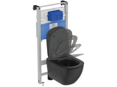 Set vas wc Ideal Standard Tesi Aquablade cu capac Slim inchidere lenta negru si rezervor incastrat cu cadru Prosys 120P