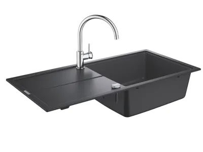 Set Grohe K400 chiuveta compozit 60-C 100/50 1.0 rev, 1000x500mm, granite black si baterie BauClassic crom
