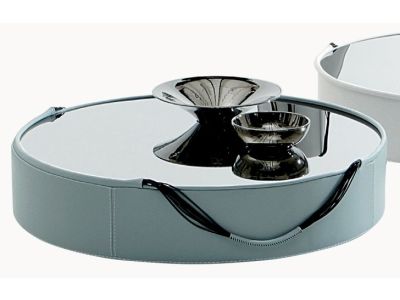 Masuta Gamma Dandy T08 cu top sticla, baza imbracata in piele cat E, d101cm, h25cm, Made in Italy
