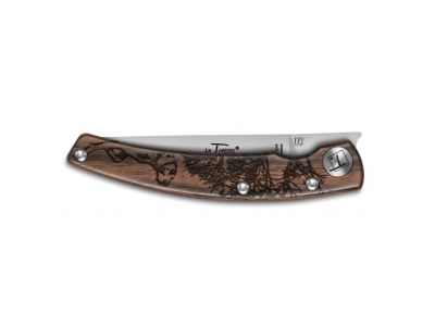 Cutit pliabil de buzunar Claude Dozorme Thiers Design Animalis Dog, maner gravat lemn nuc, lama inox