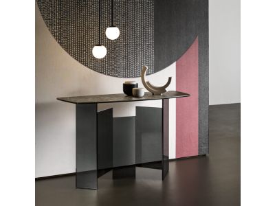 Masa consola Tonelli Design Metropolis Ceramic, design G. Maurizio Scutella, 120x45cm, h 75cm, baza sticla Fume, top ceramic