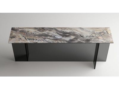 Masa consola Tonelli Design Sestante Stone, design Emilio Nanni, 120x40cm, h 73cm, baza sticla Fume, top marmura Arabescato Orobico Gold