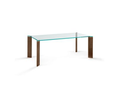 Masa Tonelli Design Can Can, design Mario Milana, 200x100cm, h 75cm, picioare nuc canaletto, top sticla transparenta