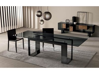 Masa Tonelli Design Miles, design Giulio Mancini, 200x100cm, h 74cm, baza negru lacuit, top sticla Fume