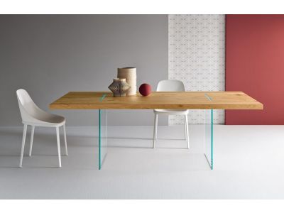 Masa Tonelli Design Tavolante Aged Oak, design Marco Gaudenzi, 200x100cm, h 75cm, baza sticla transparenta, top furnir stejar