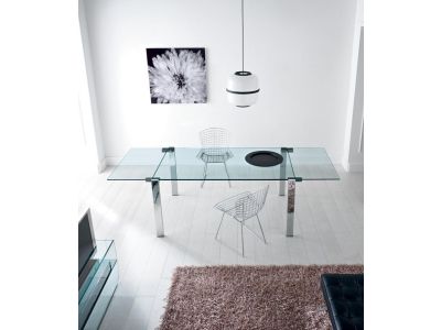 Masa extensibila Tonelli Design Livingstone A, design Giulio Mancini, 120-210x90cm, h 74cm, picioare crom, sticla transparenta