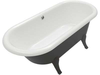 Cada freestanding Villeroy & Boch Hommage 177x77cm, ventil cu capac si preaplin crom, Pure Black, interior Stone White