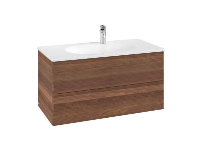 Set mobilier Villeroy & Boch Antao cu lavoar Ceramic Plus 100x50cm, alb si dulap cu 2 sertare, 98.8x50.4cm, front texturat Warm Walnut