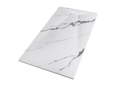 Cadita de dus Besco Vexo Marble 130, 130x90cm, ultraslim, sifon cu top cleaning, alb marmura