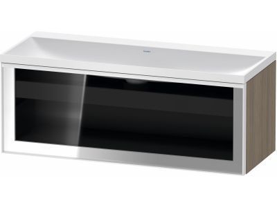 Set mobilier Duravit Vitrium cu lavoar dublu 120cm fara orificiu baterie si dulap baza cu un sertar cu front sticla, c-bonded, iluminare interioara, stejar terra