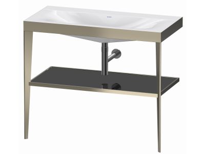 Set mobilier Duravit XViu cu lavoar 100cm fara orificiu baterie, consola metalica champagne mat si raft de sticla negru lucios