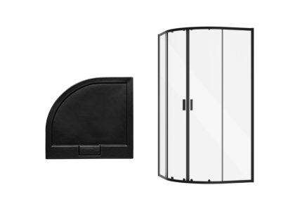 Set cabina de dus semirotunda Besco Zarya Black 80x80cm si cadita de dus Axim Stone Effect Black
